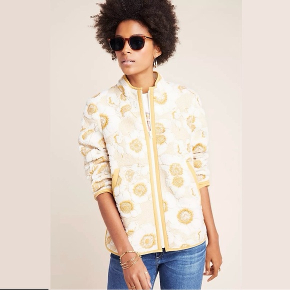 NWOT Anthropologie Tilly Embroidered Sherpa Jacket FLORAL YELLOW/CREAM - SIZE S - Picture 2 of 5
